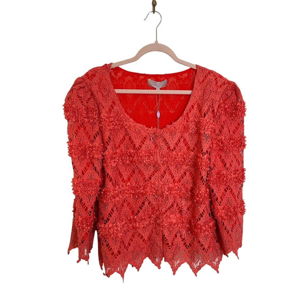 Pretty Angel Crochet Lace Embellished‎ Topper Jacket Size XL Soft Red Boho NEW